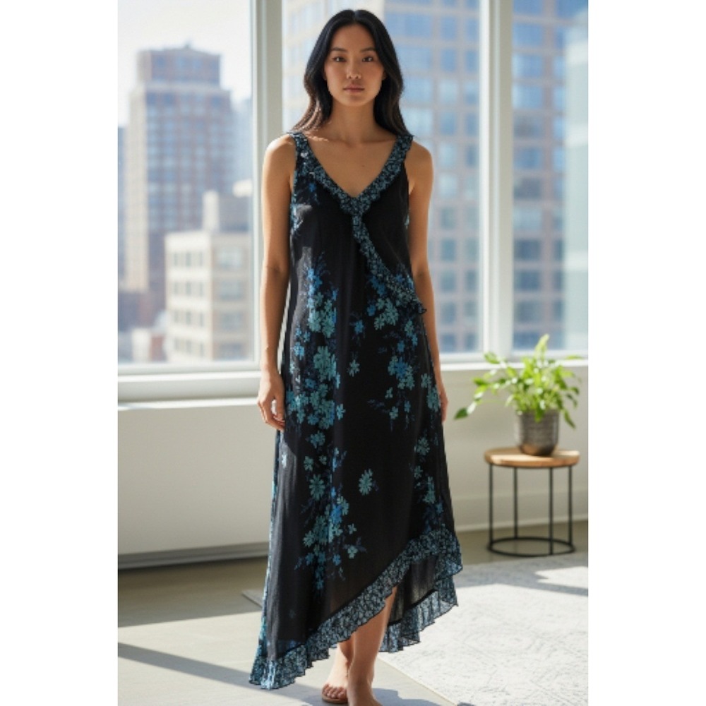 Whimsigoth Y2K Womens Floral Ruffle Asymmetrical Midi Dress Black Blue Sz 16 LG